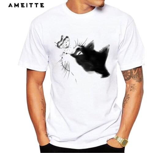 New Arrivals Cute Cat with Butterfly T Shirt Summer Japanese Art Printed T Shirt Mens Hipster Streetwear Short Sleeve Tops Tee