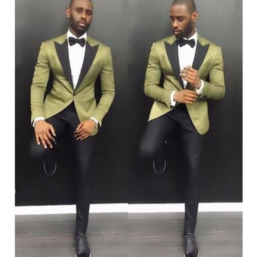 New Design Stylish Suit Men Groom Wedding Tuxedos 2 Pieces (Green Jacket+Black Pants) Party Prom Formal Satin Men Tuxedo