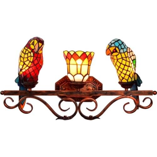Parrot Tiffany Glass Wall Mirror Lamp for Bathroom Bar Aisle Vintage Europe Birds Handmade 3 Heads Porch Light 1143