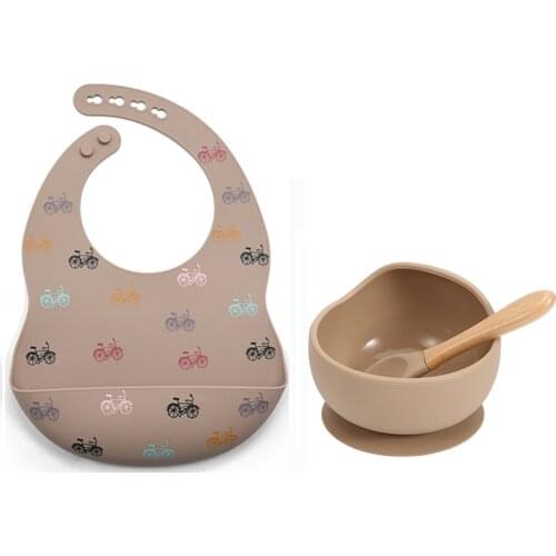 Baby Colorful Feeding Set Cartoon Bibs Food Grade Silicone Suction Bowl Nou-slip Plate Tableware for Kid Infant Toddler