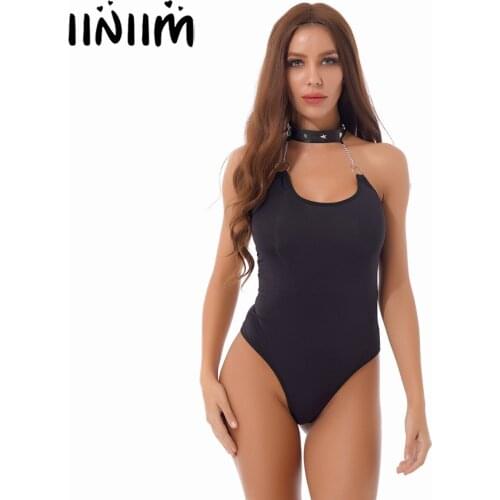 Sexy Lingerie for Women Black Halter Neck O Ring Chain Leotard Bodysuit Sleeveless Backless Stretchy Onepiece Swimsuit Nightwear