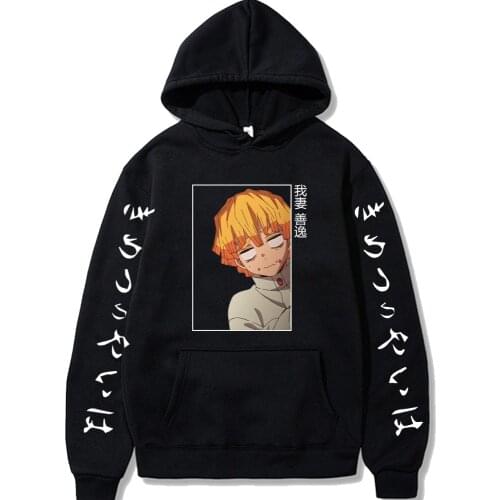 Demon Slayer Anime Harajuku Hoodies Sweatshirts Kawaii Agatsuma Zenitsu Print Male Streetwear Casual Winter Men Black Hoodies