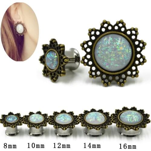 1Pair Hot sale Women Single Flare Synthetic Opal Lotus Flower Ear Tunnel Ear Stretcher Plugs Gauge Expander