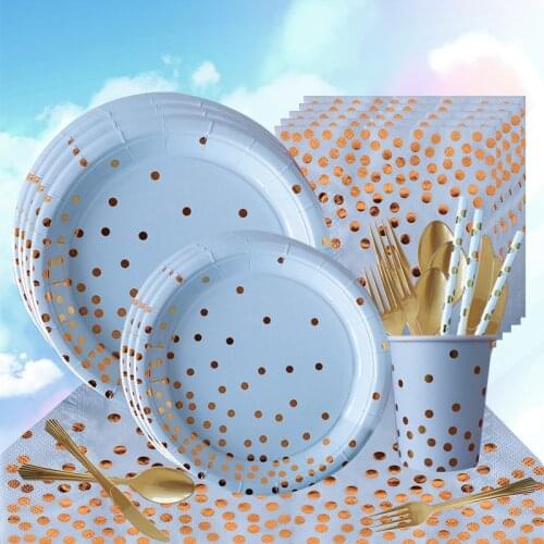 Birthday Wedding Party Decoration Polka Dot Bronzing Tableware Blue White Black Powder Series Tableware Disposable Tableware