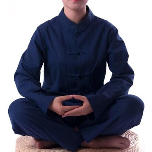 Unisex cotton&linen Buddhist Monk suits clothing kung fu uniforms Buddhism zen costume lay meditation clothes dark blue