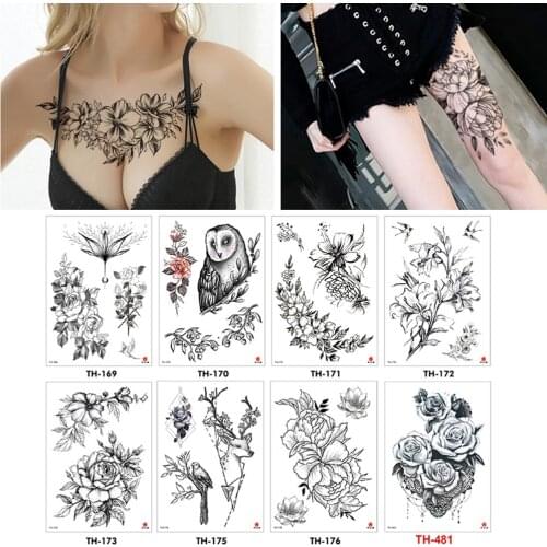 Temporary Tattoo Sticker Black Roses Design Full Flower Arm Body Art Big Large Fake Tattoo Sticker