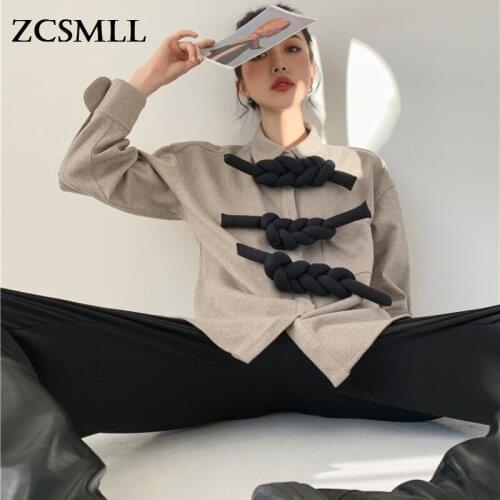 ZCSMLL Autumn Winter New Design Niche Twisted Woven Disc Button Turn-down Collar Long-sleeved Women Shirt Casual Tide