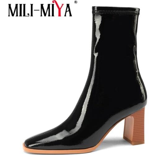 MILI-MIYA Women Fashion Ankle Boots 2021 New Elegant Style Ladies Square Toe Block High Heels Zipper Patent Leather Office Dress