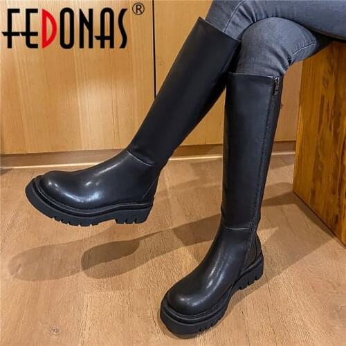 FEDONAS Fashion Motorcycle Boots Free Shipping Platform Winter Newest Chunky Heels Shoes Woman 2020 Party Basic Knee High Boots