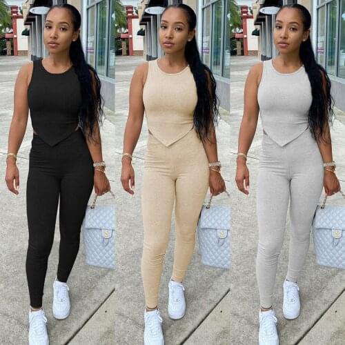 2021 Autumn New Women Ribbed Sexy 2 Piece Set Sleeveless O Neck Tracksuit Elastic Bodycon Nightclub Party Matching Set Female