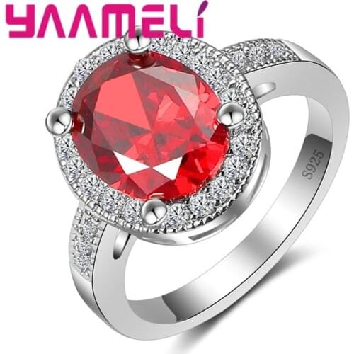 Classic Big Round Red Clear Cubic Zirconia Crystal 925 Sterling Silver Ring For Women Party Wedding Jewelry Wholesale
