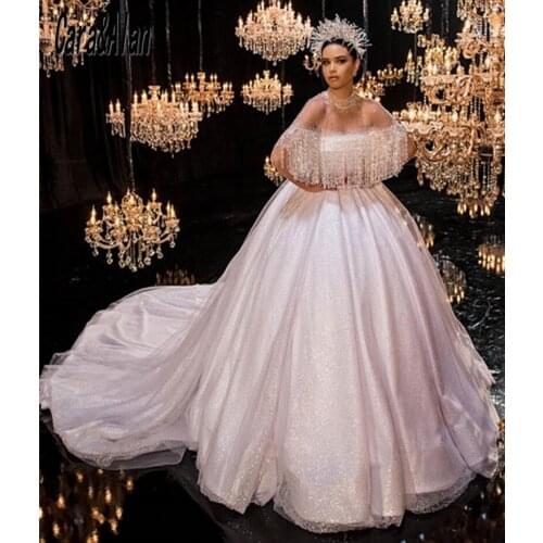 Modest Arabic Dubai Ball Gown Wedding Dresses with Tassel Cape Sequin Vintage Vestios De Novia 2021 Plus Size Bridal Dress