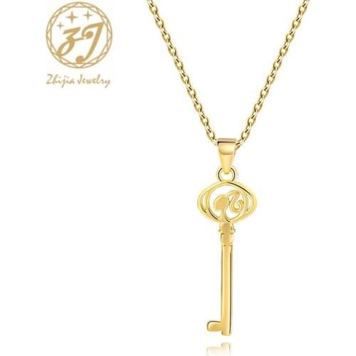 Zhijia new golden alloy key shape design girls pendant necklace for women lovers jewelry valentines day gifts