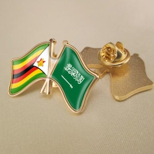 Zimbabwe and Saudi Arabia Crossed Double Friendship Flags Lapel Pins Brooch Badges
