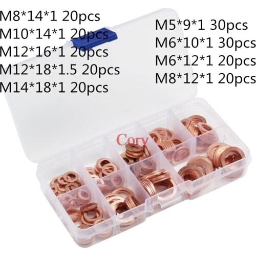 200pcs/box 9 types (M5-M14) Copper Washer Gasket Sealing Washer Solid Gasket Sump Plug for Boat Crush Washer Flat Seal Ring Tool