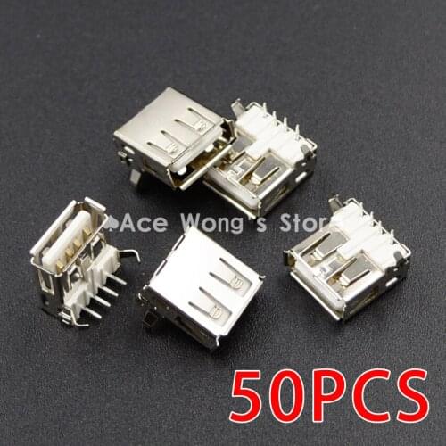 50PCS USB Female Type-A 4Pin Socket Connector 90 degree bend feet