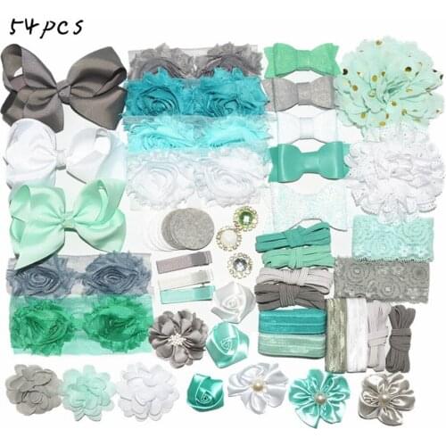 54pcs/lot Blue Freeze Mini Headband Kit Shabby chiffon Fabric Flowers for woman headbands Headwear hair accessories
