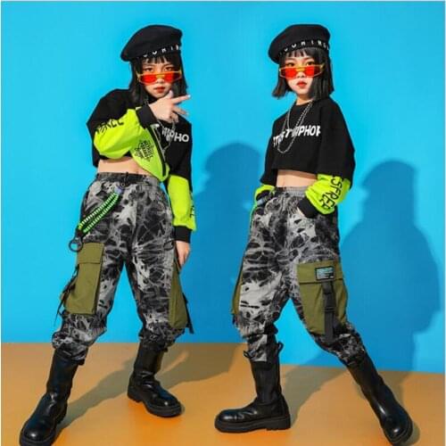 Kids Ballroom Hip Hop Clothing SweatShirt Crop Top Camo Tactical Cargo Pants for Girls Performance Jazz Dance Costumes Wear