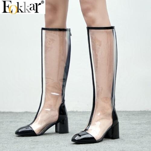 Eokkar 2020 Women Knee High Boots Transparent Rain Boots Soft All Match Square Toe All Match Zipper Ladies Boots Big Size 34-41