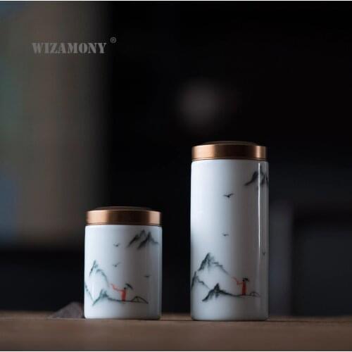 WIZAMONY Chinese Jingdezhen tea caddy Small Celadon Ceramic Kung Fu canister container for puer tea little tea storage chests