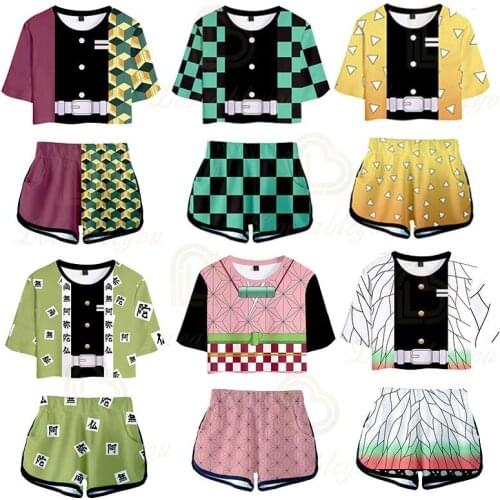 Demon Slayer Nezuko 2 Piece Set Women Shorts Suit Men Tshirt Suit Summer Fashion TShirt and Shorts Trend Casual Clothes