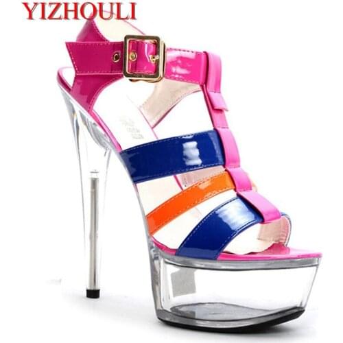 15-17cm Summer new style womens shoes with high heels, t-type bandage with patent leather and waterproof crystal dancing shoes