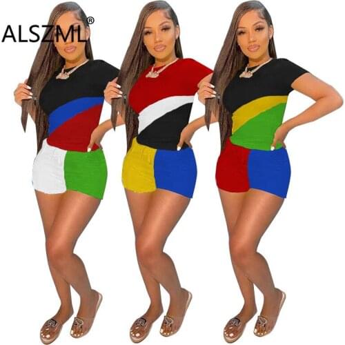 Patchwork O Neck Slim Women Shorts 2 Piece Set Active Tracksuit Fitness Sporty Outfit Summer