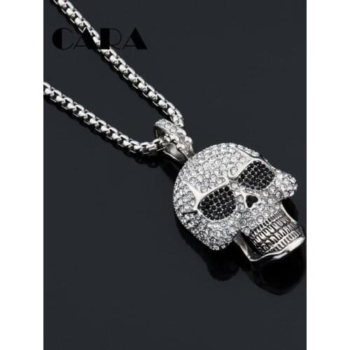 2019 New Bling Bling Iced out full rhinestones Skull pendant necklace 316L Stainless steel men hip hop necklace jewelry CAGF0428