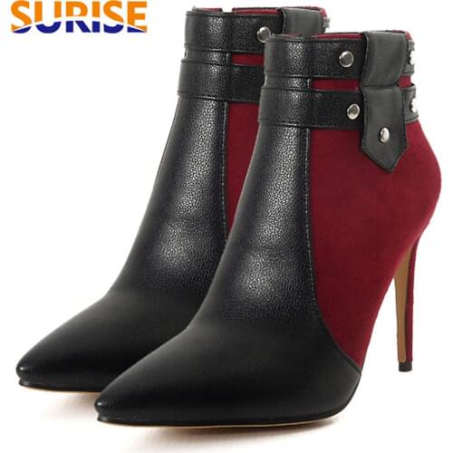 Spring Winter Women Ankle Boots 10cm Thin High Heel PU Leather Flock Patchwork Stud Button Lady Pointed Toe Zipper Short Boots