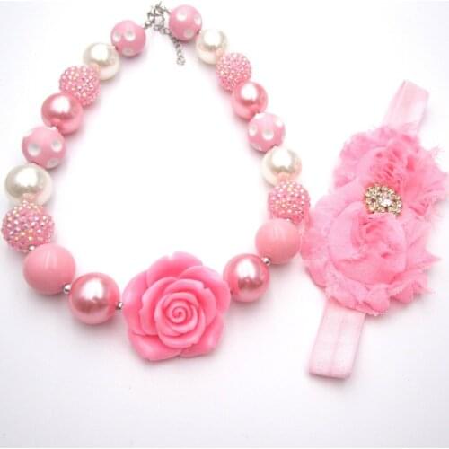 Baby Girls Lovely Pink Flower Chunky Bubblegum Necklace Headbands Sets Kids Birthday Gift Fancy Ourfits Jewelry Set Accessories