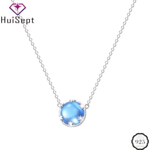 HuiSept Fashion S925 Sterling Silver Necklace with Round Shape Sapphire Gemstone Pendant Jewelry Accessories for Women Wedding