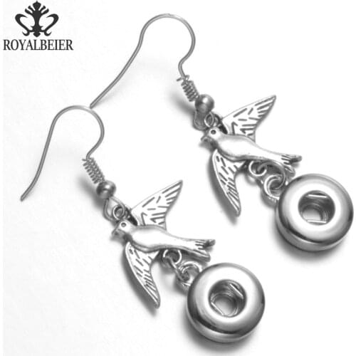 RoyalBeier Silver Color Pigeon Bird Theme Dangle Earrings For Interchangeable 12mm Snap Button Snap Jewelry Drop Snap Earrings