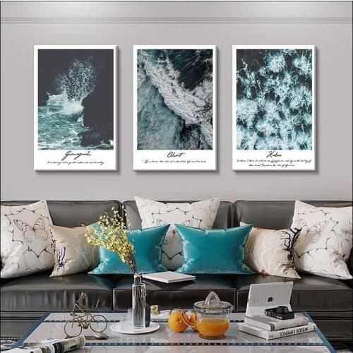 Dark Blue Wave Poster, Modern Sea Landscape Canvas Painting, Spray Printing Mural, Letter Canvas Painting, Club Home Decoration