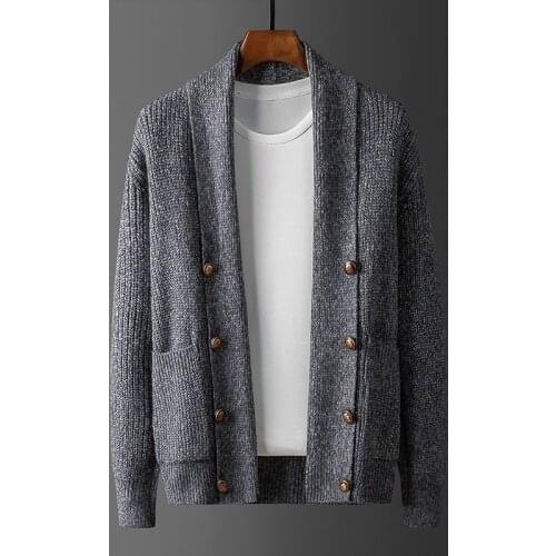 Vintage Double Breasted Cardigan Men 2020 New Long Sleeve Jacket Scarf Collar Casual Cosy Sweater Oversized Autumn Jaquetas Gray