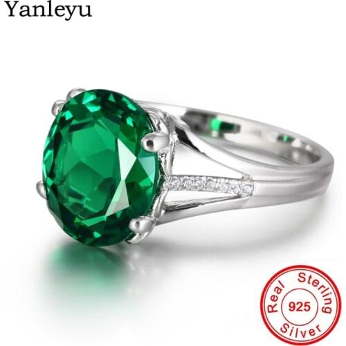 Yanleyu Luxury Natural Big Green Gem Stone Ring 100% Real 925 Sterling Silver Crystal Jewelry Wedding Bands Ring for Women PR100