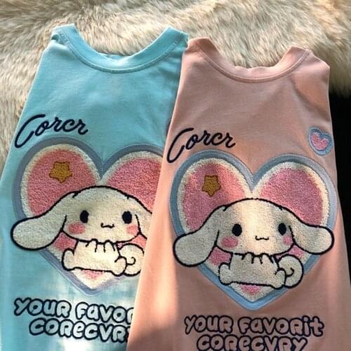 Japanese Kawaii Laurel Dog Embroidered Female T-shirt Student 2021 Summer Korean Loose Couple Top Woman Tshirts Plus Size