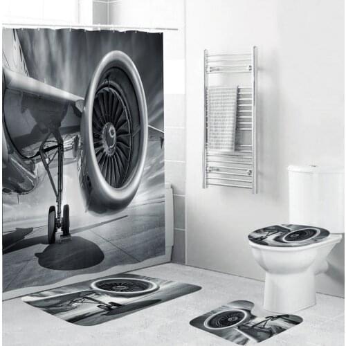 Art-filled Aircraft Engine Print Shower Curtain 4Piece Carpet Cover Toilet Cover Bath Mat Pad Set Bathroom Curtain with 12 Hooks