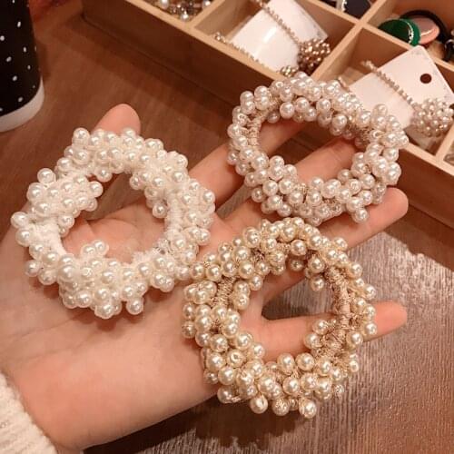 New Korea Handwork Imitation Pearl Gold Line High Elastic Hair Rope Elastic Hair Rubber Bands for Women Fashion Hair Accessories