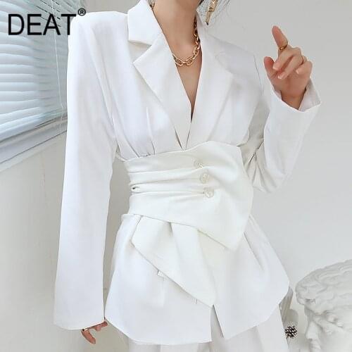 DEAT Woman Blazer Coat Solid Notched Long Sleeve With Belt Slim Girdle Office Lady Style Wild 2021 New Summer Fashion 15HT418
