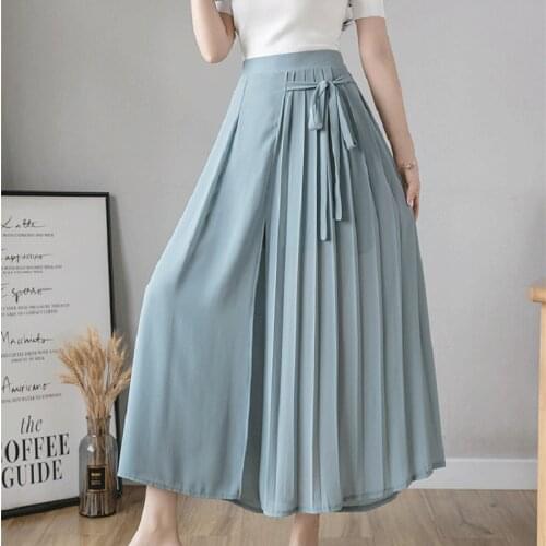 2021Spring Summer New Style Korean Women Solid Color Pleated Chiffon Trousers High Waist Pants Hakama Casual Wide Leg Pantalones