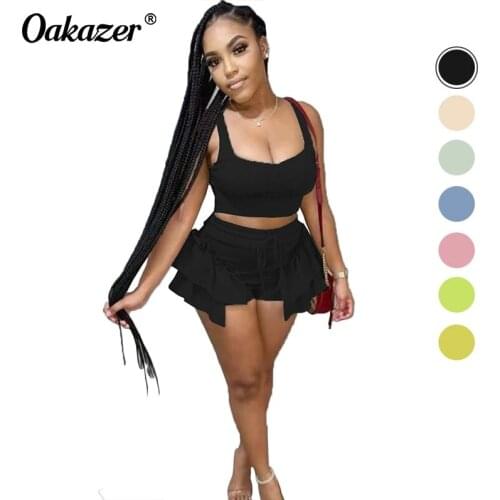 OAKAZER New Women Summer 2 Piece Sets Sexy Ruffles Shorts and Crop Top Fashion Club Vacation Comfortable Female Outfits 2021