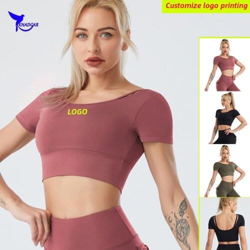 2021 Women Short Sleeve Padded Yoga Crop Top Quick Dry Elastic Workout Running Shirts Breathable Gym Fitness Sports Bra Custom