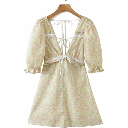 YENKYE Women Lace Up Sexy Backless Floral Print Dress Vintage Puff Sleeve V Neck A-line Holiday Summer Dress Short Vestido