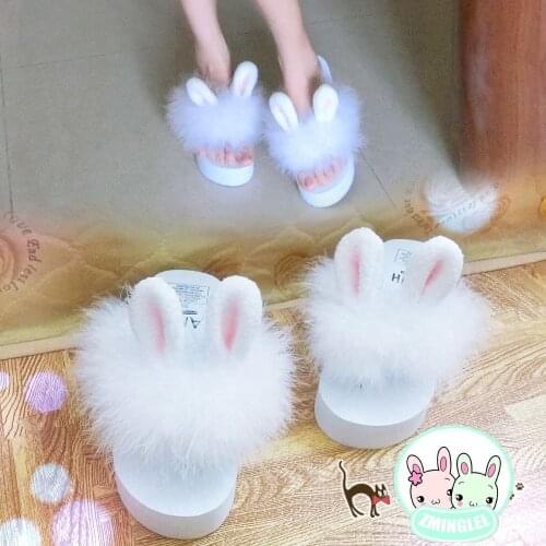 2018 So Kawaii Japanese Style Lolita Girl Rabbit Bunny Ear Plush Shoes Wedge Platform Thong Flip Flop Slippers
