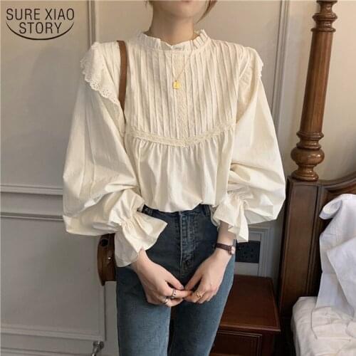 2021 Spring New Long Sleeve White Blouse Women Korean Vintage Lace Elegant Womens Tops and Blouses Casual Shirts Women 12276