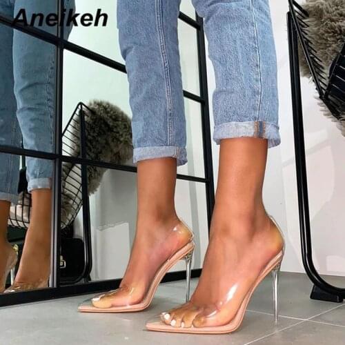 Aneikeh 2021 Fashion PVC Pumps Woman Transparent Sandals Thin High Heels Shoes Pointed Toe Pumps Slip On Solid Shoes Size 35-42