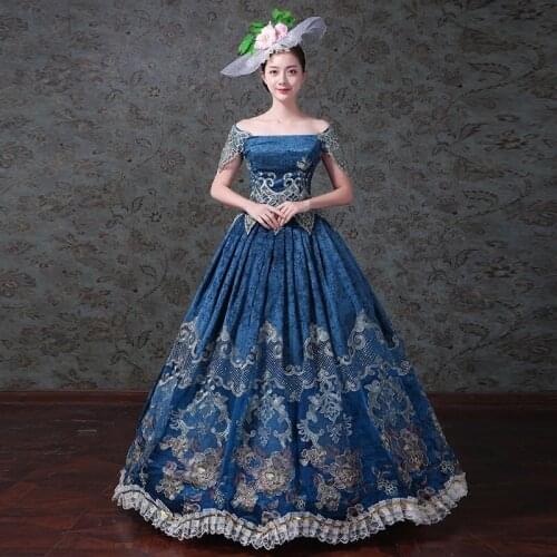 Royal Blue Printing Vintage Wedding Gown Medieval Renaissance Victorian Party Costumes