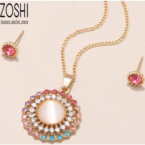 Beige Cateye Stone Jewelry Set Bling Multicolor Rhinestone Flower Pendant Necklace Exquisite Round Stud Earrings Set Gold Plated