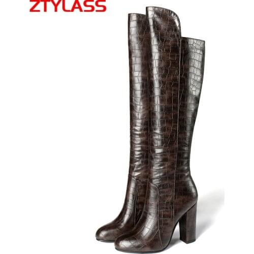 Faxu Leather Fashion Knee High Boots Autumn Winter Women Boots Sqaure High Heels Zipper Round Toe Female Shoes