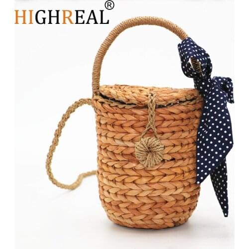 Brand Summer Bucket Bags Hand Woven Straw Bag Casual Small Lady Handbag Cute Bow Women Messenger Bags